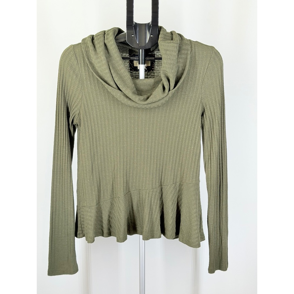 Maeve Anthropologie Olive Green Ribbed Cowl Neck Peplum Top Medium